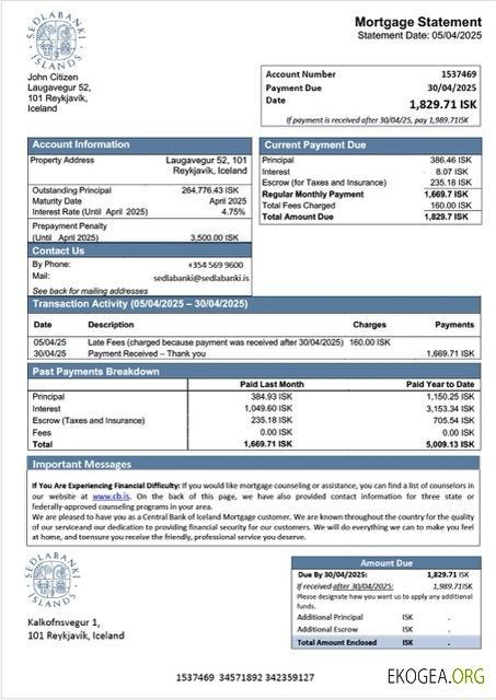 Modèle Word et PDF de relevé hypothécaire de la Banque centrale d'Islande d'Islande